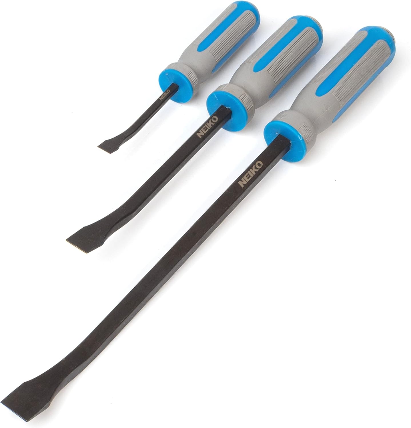 NEIKO 00251A Pry Bar, 3 Piece Angled Tip Pry Bar Set, 8", 12" & 17.5" Crow Bar with Go Through Striking Cap, Textured TPR Breaker Bar Handles, Heavy Duty Black Oxide Coated Chromium Steel Small PryBar