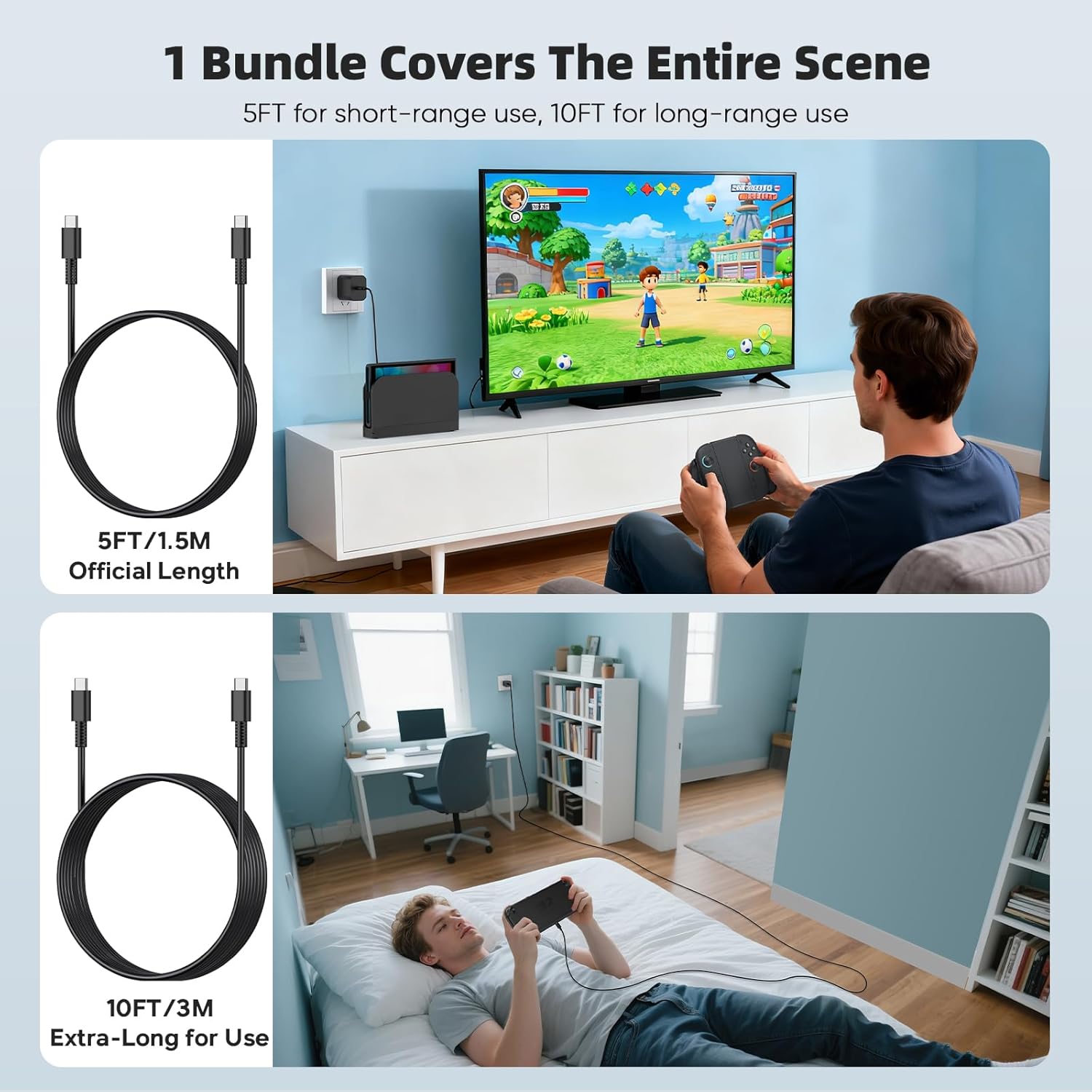 (2 Pack) Charger for Nintendo Switch 2/1, 10FT Extended & 5FT Compact Cables, 60W AC Power Adapter 4K TV Dock Ready, PD 3.0 Fast Charge (20V/3A) – Works with Switch 2/1/OLED/Lite (10FT & 5FT Set) - Image 3