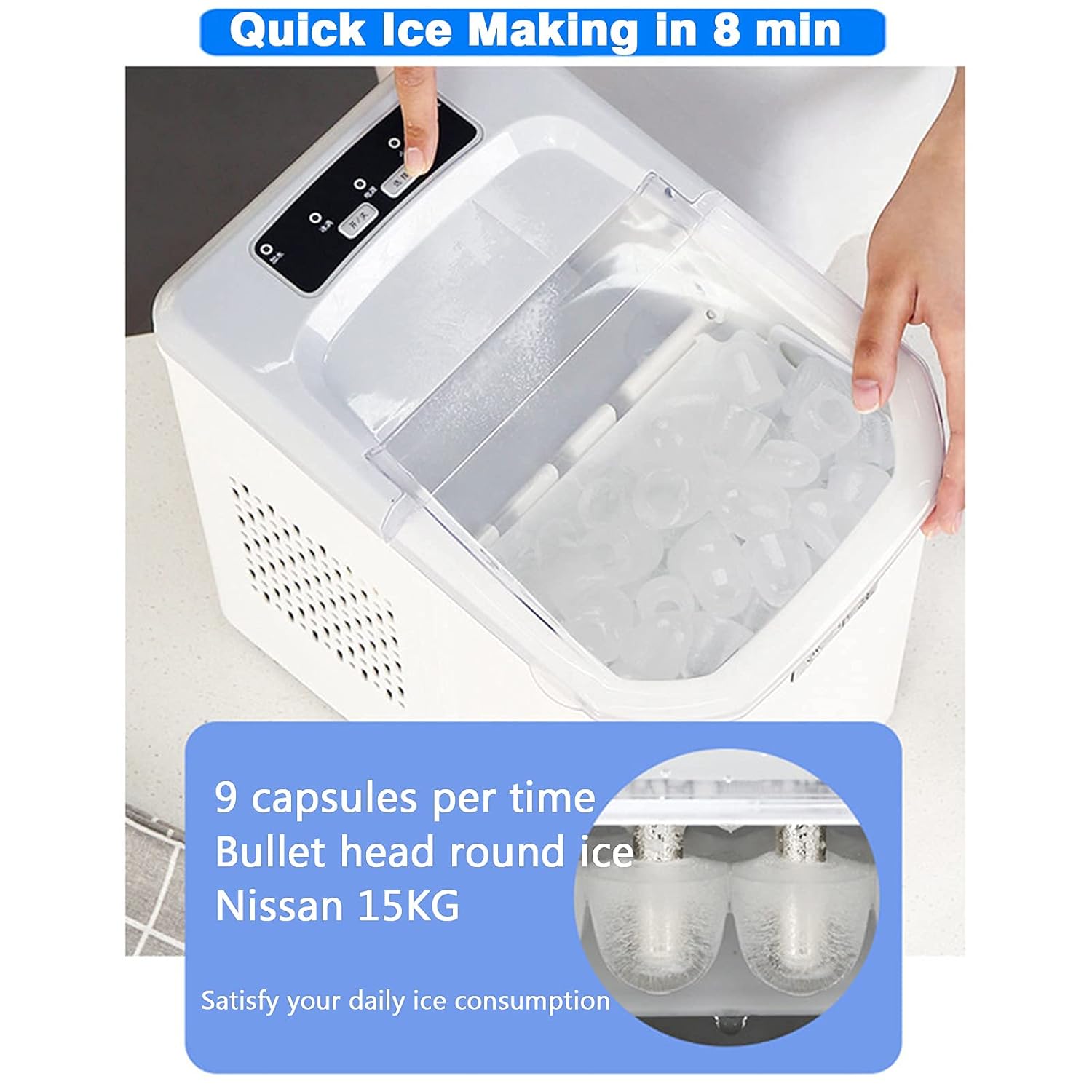 Ice Machine Maker, Portable Bullet Ice Cube Maker Machine Worktop, Ice Cubes Ready in 6 Mins, 2L Water Tank