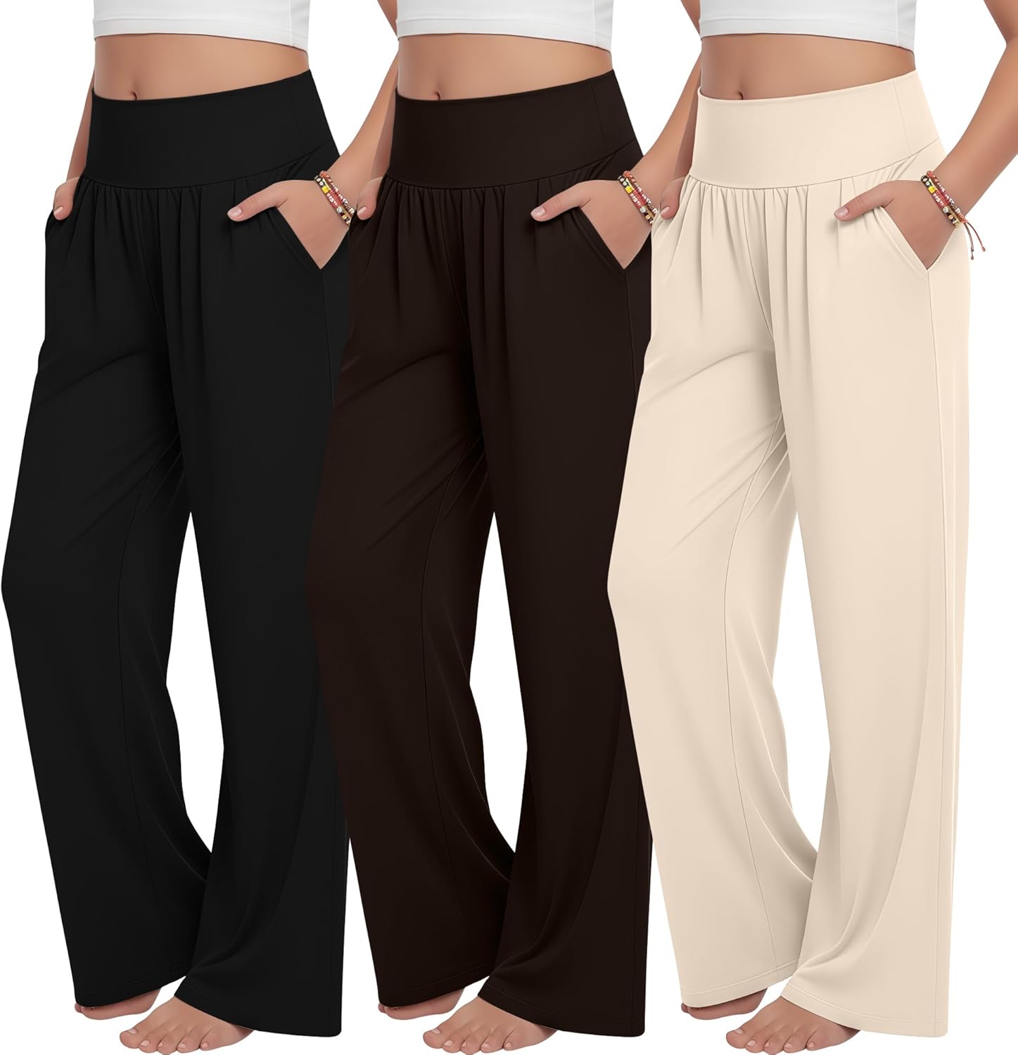 3 Pack Girls' Wide Leg Pants with Pockets Kids High Waist Casual Sweatpants Loose Comfy Lounge Joggers 5-14 Years