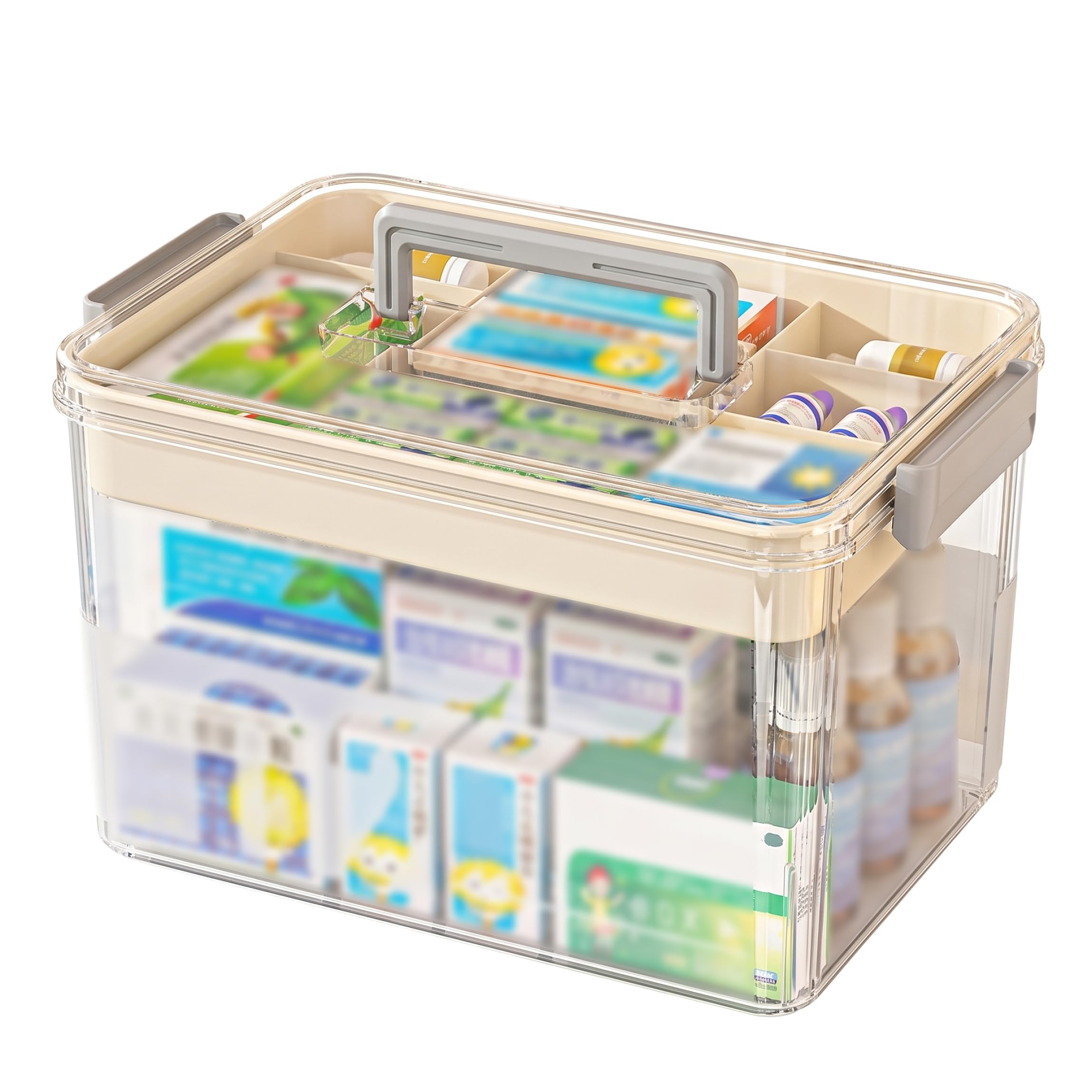 Otbushit Clear Layered Medicine Box Organizer, Plastic Medication Storage with Sealed Moisture-proof Design, 11.42x8.27x6.69 Inch