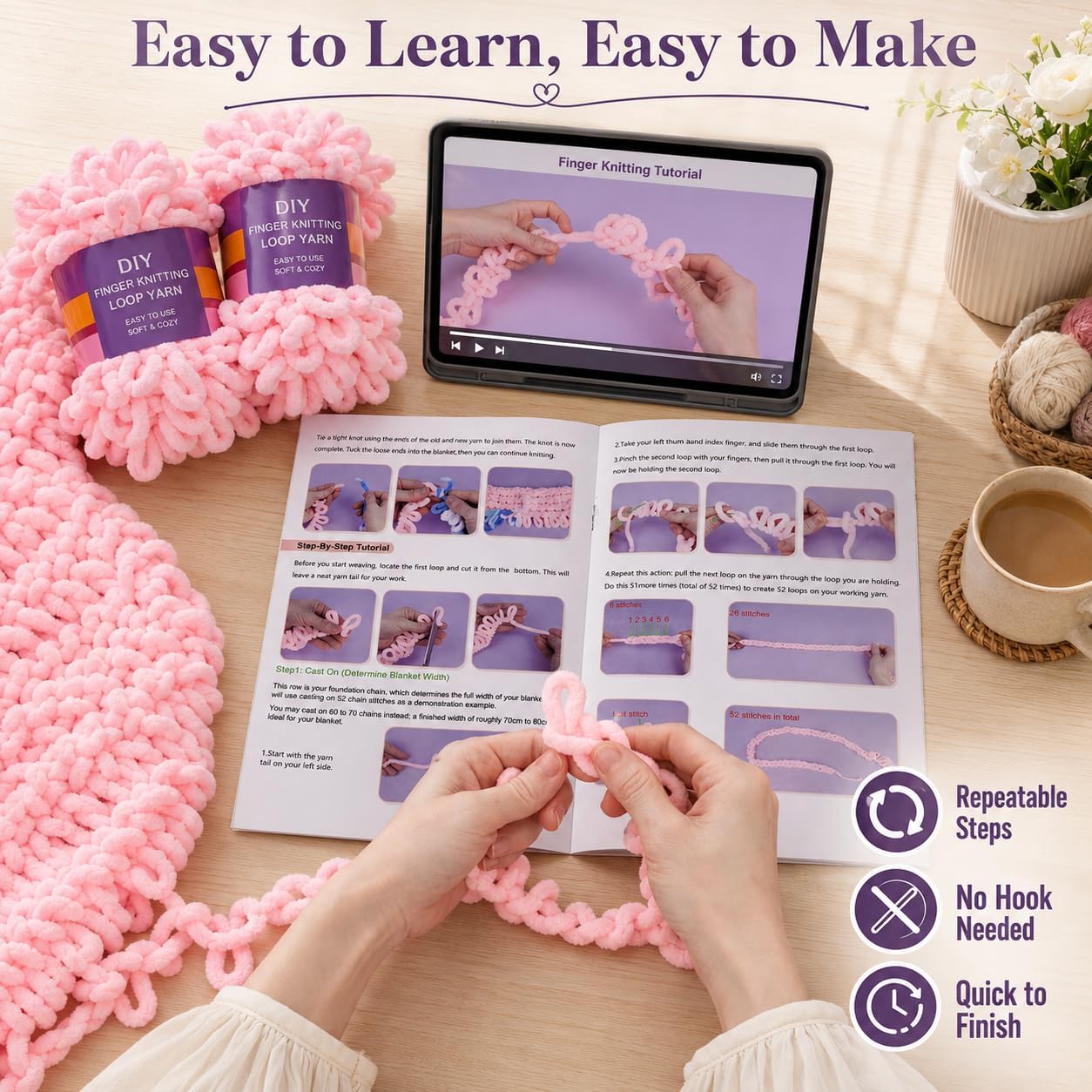 Reessy Loop Yarn Blanket Making Kit, 8 Skeins, Finger Knitting, Warm Pink