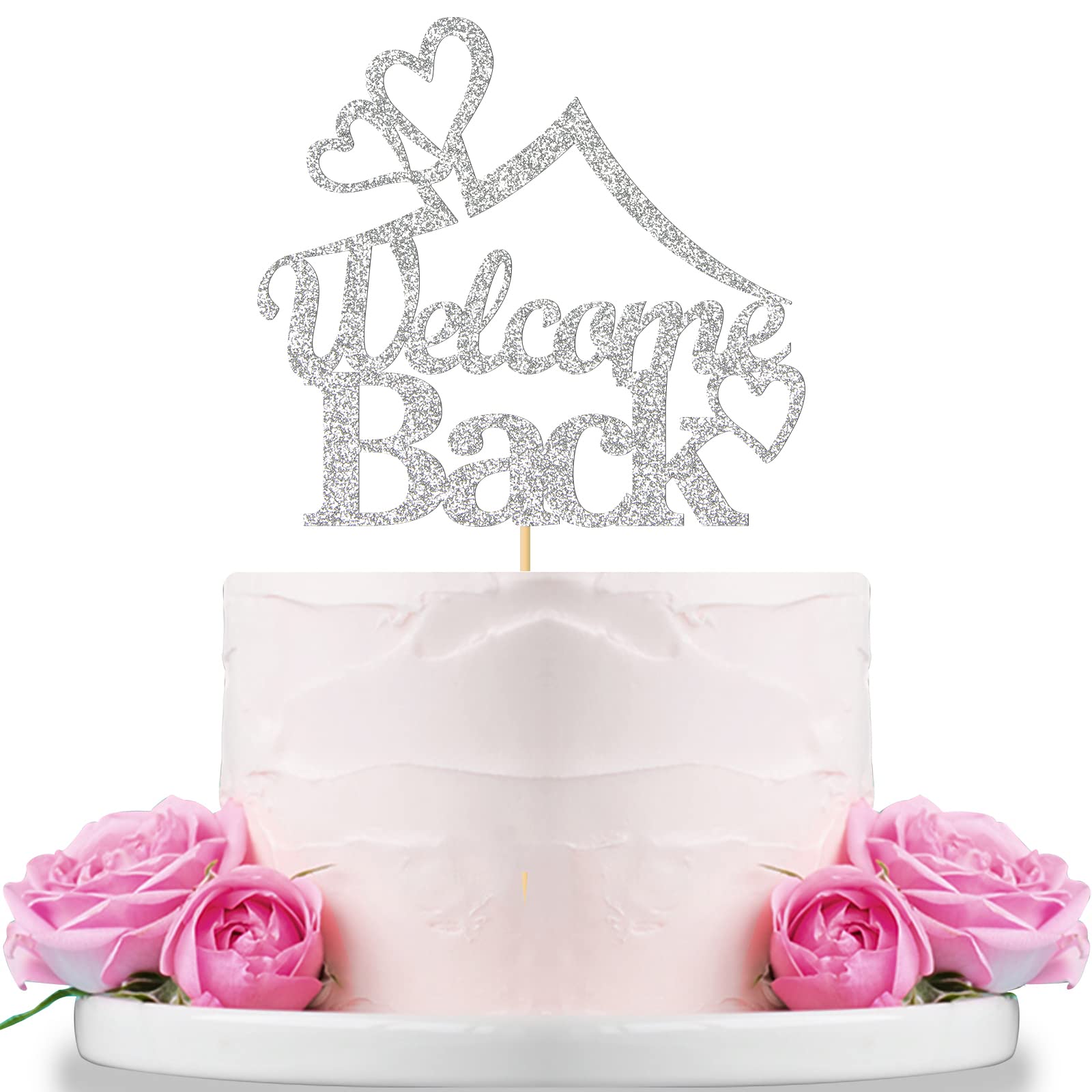 WeBenison Welcome Back Cake Topper / Returning Home Cake Decorations / Welcome Party / Happy Retirement Sign / Back to School Party Decorations Supplies Silver Glitter