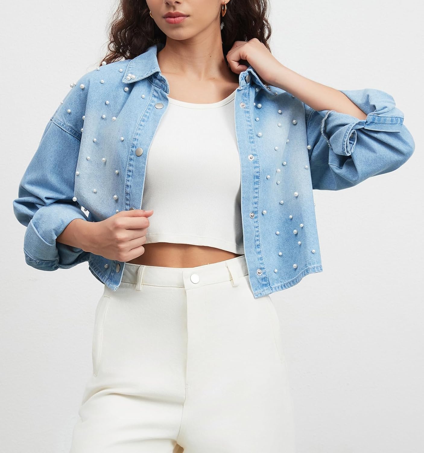 Ladyful Oversized Jean Jacket for Women Pearl Cropped Lightweight Button Down Long Sleeve Denim Jacket Coat - Image 3