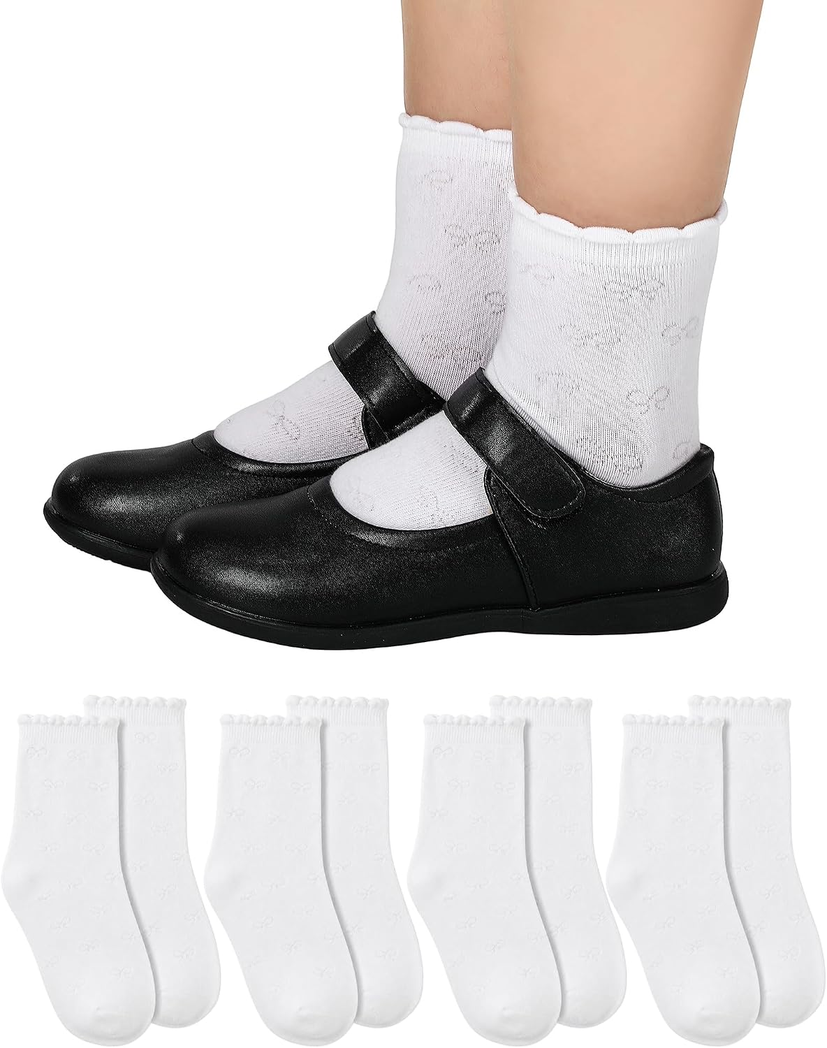 Shyyween 4 Pairs Girls White Ruffle Socks Kids Cotton School Uniform Dress Socks Crew Ankle Size 4-12 Years