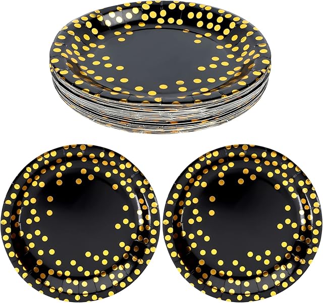 Lanjue 30pcs Party Plates, 7" Foil Stamping Dots Black Paper Plate for Birthday Party, Family Dinner, Wedding Celebration