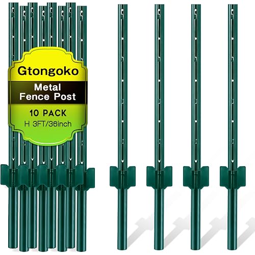 Gtongoko 10 Pack 3FT Heavy Duty Metal Fence Posts, Green U Channel No Dig Fence Stakes with Anchor Plate, Steel Posts for Wire Fencing, Garden Protection, Animal Barrier, Yard & Farm Boundary