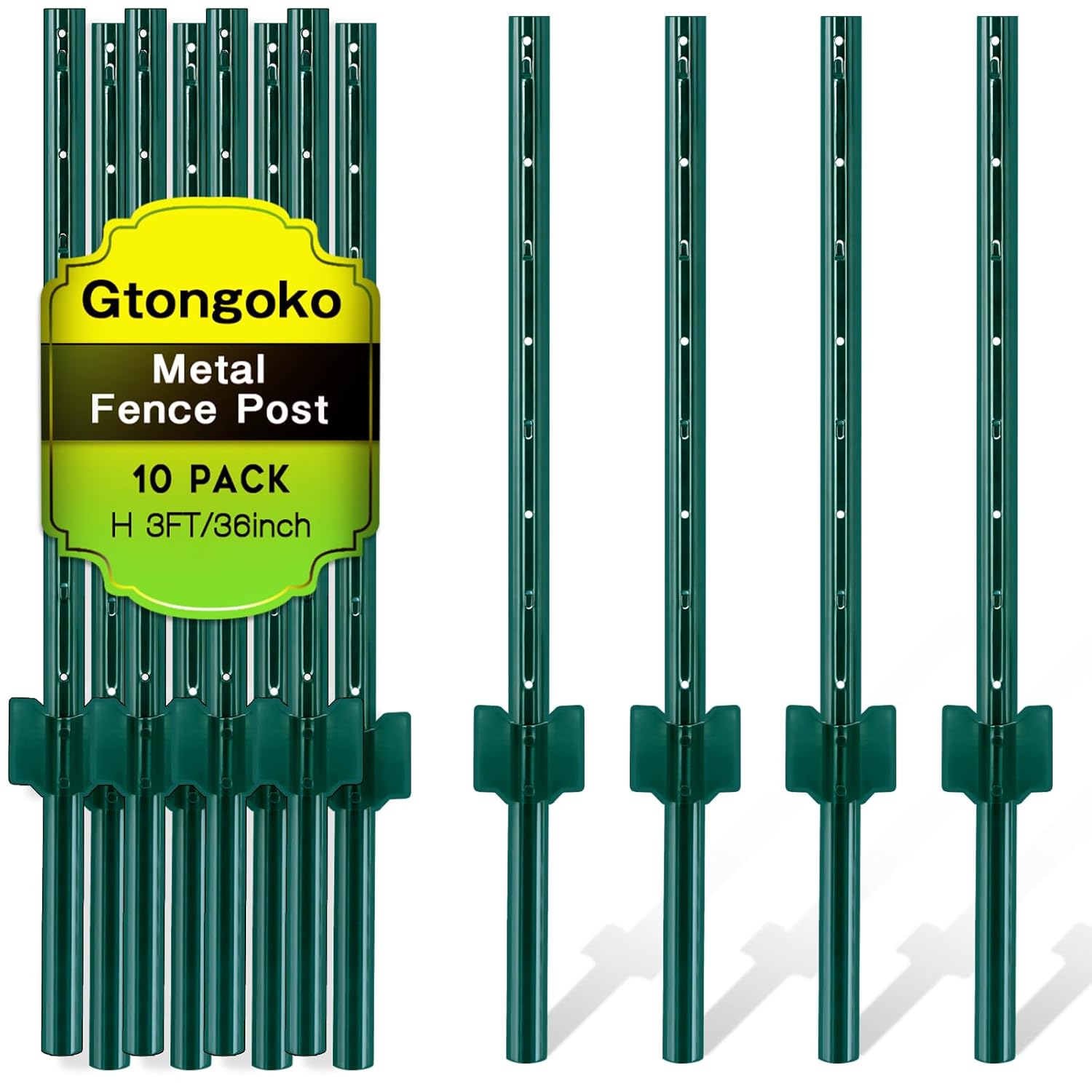Gtongoko 3 Feet Heavy Duty Metal Fence Posts, 10 Pack U Channel Fence Post with Anchor Plate, Green Steel T Post for Garden, Yard, Farm, Wire Fencing