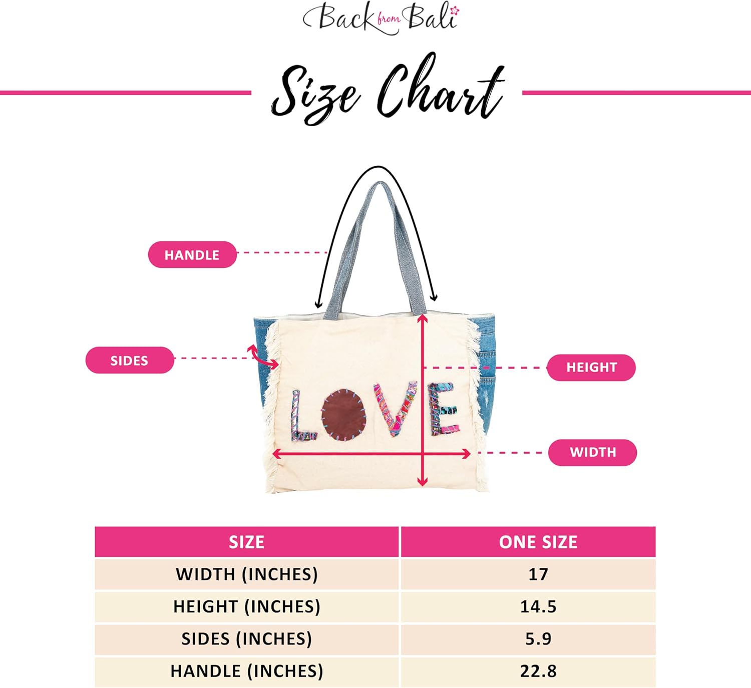 Back From Bali Womens Denim Love Tote Bag Classic Lightweight Shoulder Boho Purse Handbag