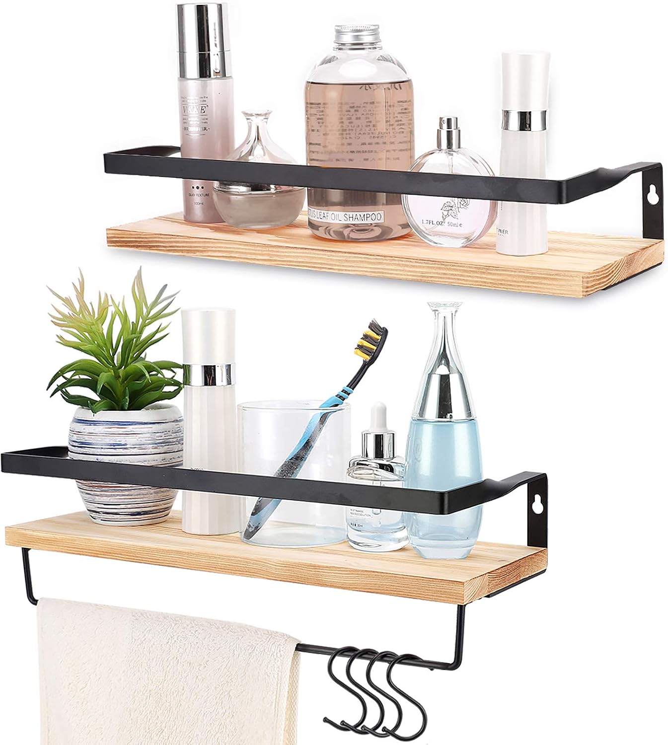 Bathroom Floating Shelves Wall Mounted,Rustic Wooden Storage Shelves for Kitchen Set of 2 (Natural)