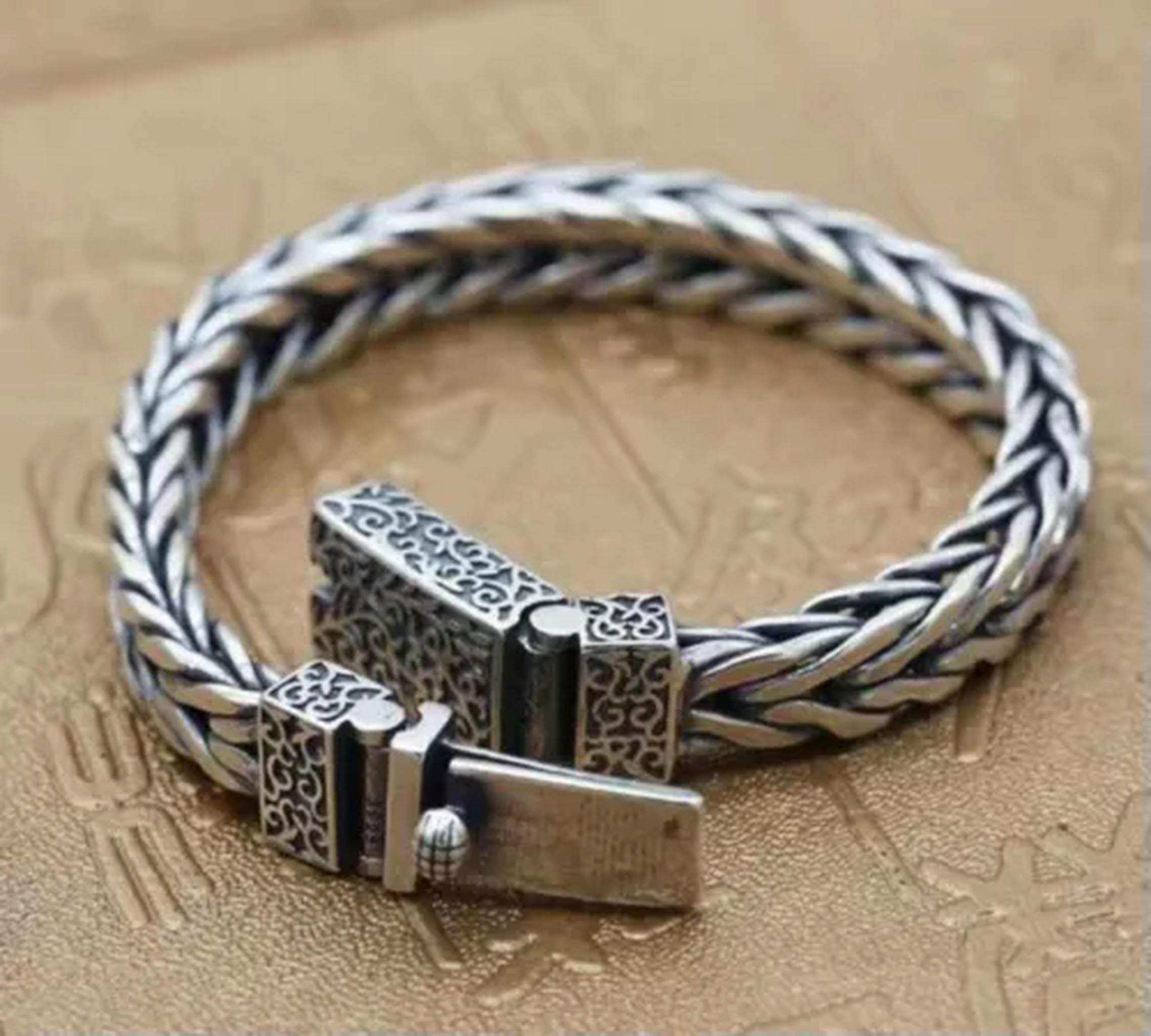 Nuovo Bracciale a Treccia Placcato Argento S925, Braccialetti a Catena da Uomo - 8,66"-8,66 pollici/22 cm