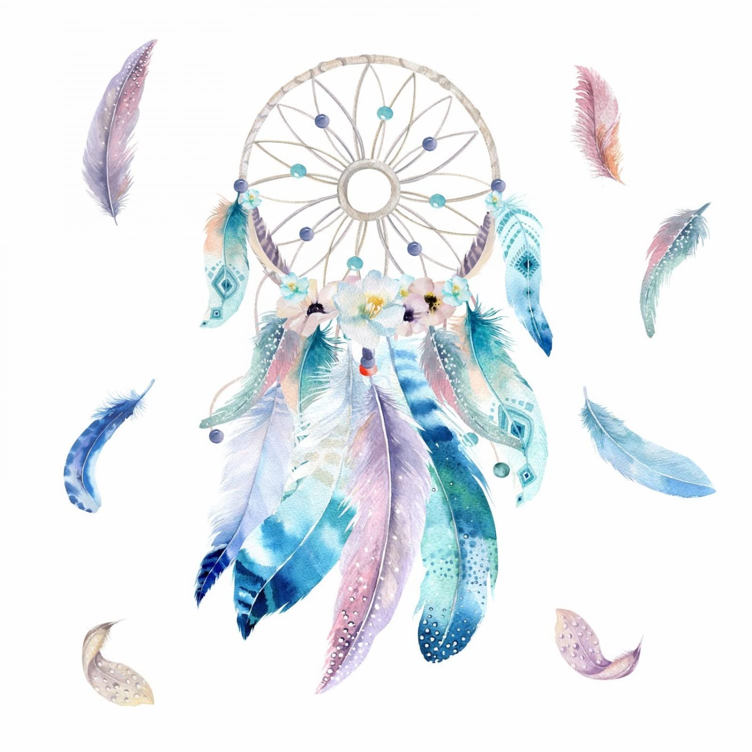 nikima Schönes für Kinder 228 Wandtattoo Traumfänger blau mit Federn Pastell Aquarell Größe 1750 x 980 mm - in 6 Größen - Kinderzimmer Sticker Wandaufkleber Wandsticker Wanddeko Wandbild
