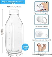 Vista 2 de Paquete de 2 botellas de leche de vidrio con 2 tapas dispensadoras, tapa de rosca 100% hermética de servicio pesado. ¡Jarra de agua de vidrio