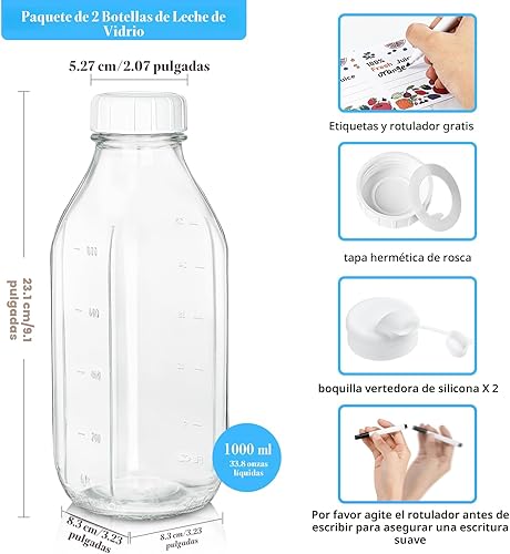Miniatura 2 de Paquete de 2 botellas de leche de vidrio con 2 tapas dispensadoras, tapa de rosca 100% hermética de servicio pesado. ¡Jarra de agua de vidrio