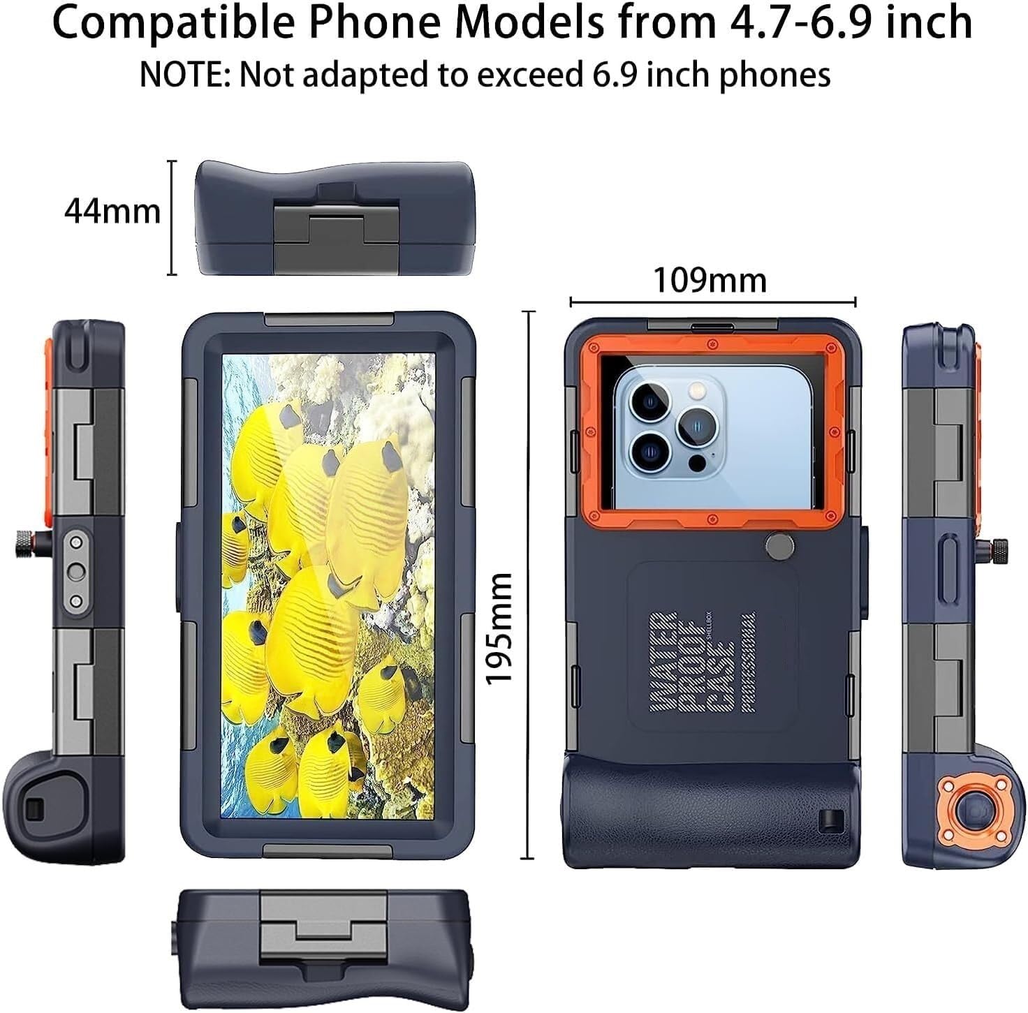 Funda de buceo submarino mejorada para iPhone 15/14/13/12/11 Pro Max/XR/XS/X Galaxy S24/S23/S22/S21, funda universal impermeable para esnórquel, foto y vídeo, amarillo (naranja)
