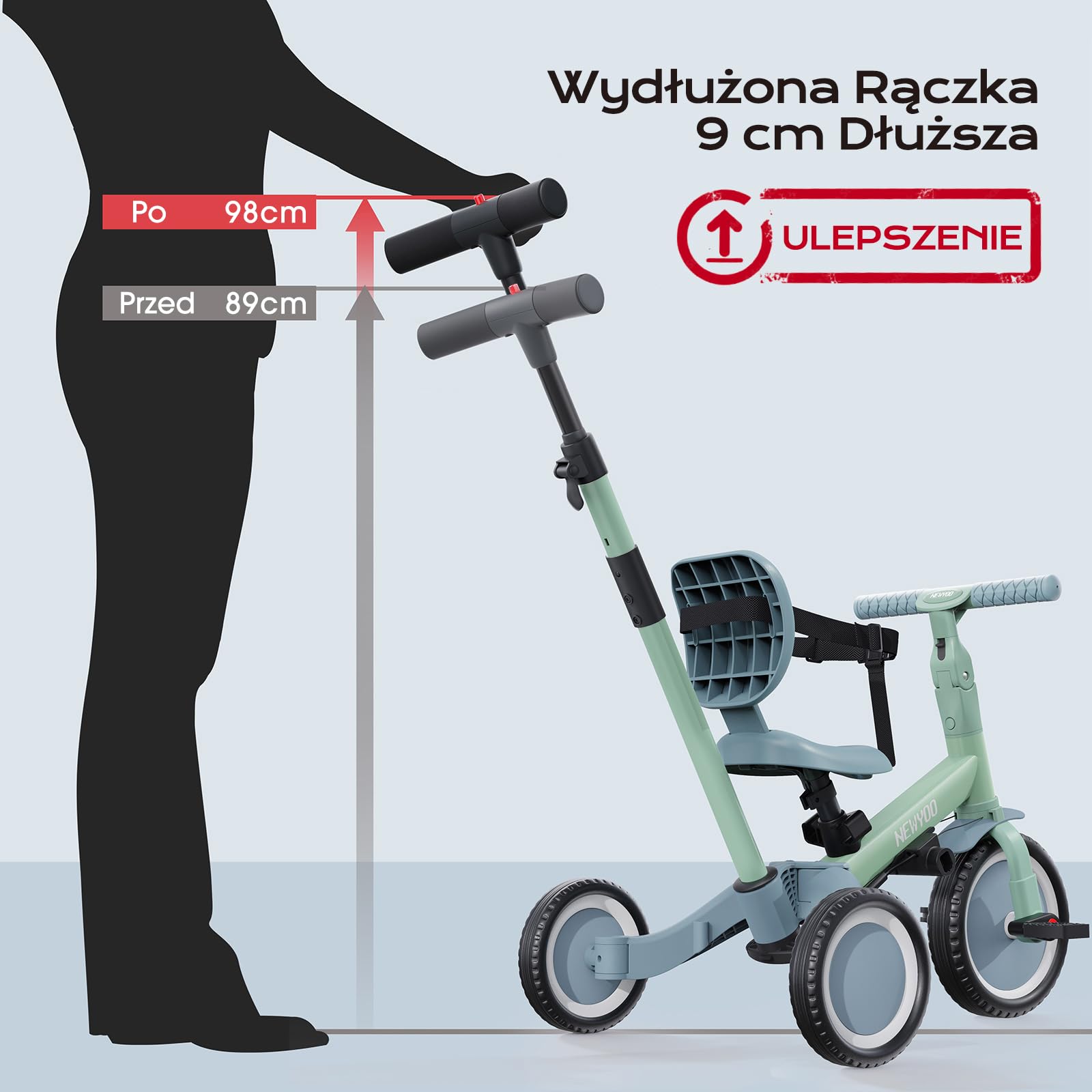 newyoo Trójkołowiec z rączką dla rodzica, dzieci 1-3 lat, rowerek biegowy, prezent urodzinowy i zabawka do jazdy, 5 w 1, rowerek z pasem bezpieczeństwa, Zielony, TR007