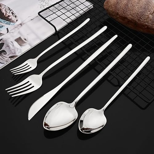 Miniatura 35 de JASHII Juego de cubiertos delgados de 20 piezas, acero inoxidable 18/10 con chapado en oro de titanio, juego de cubiertos de mango blanco, incluye