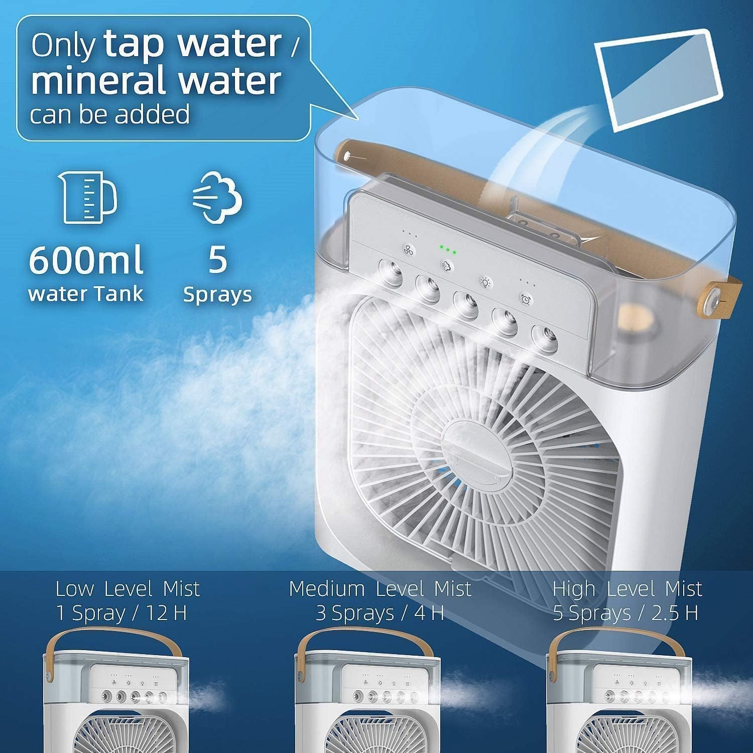 Mini Air Cooler USB Desk Fan with LED Light, Three Speeds and Spray Modes For Table Step-Type Button Regulator