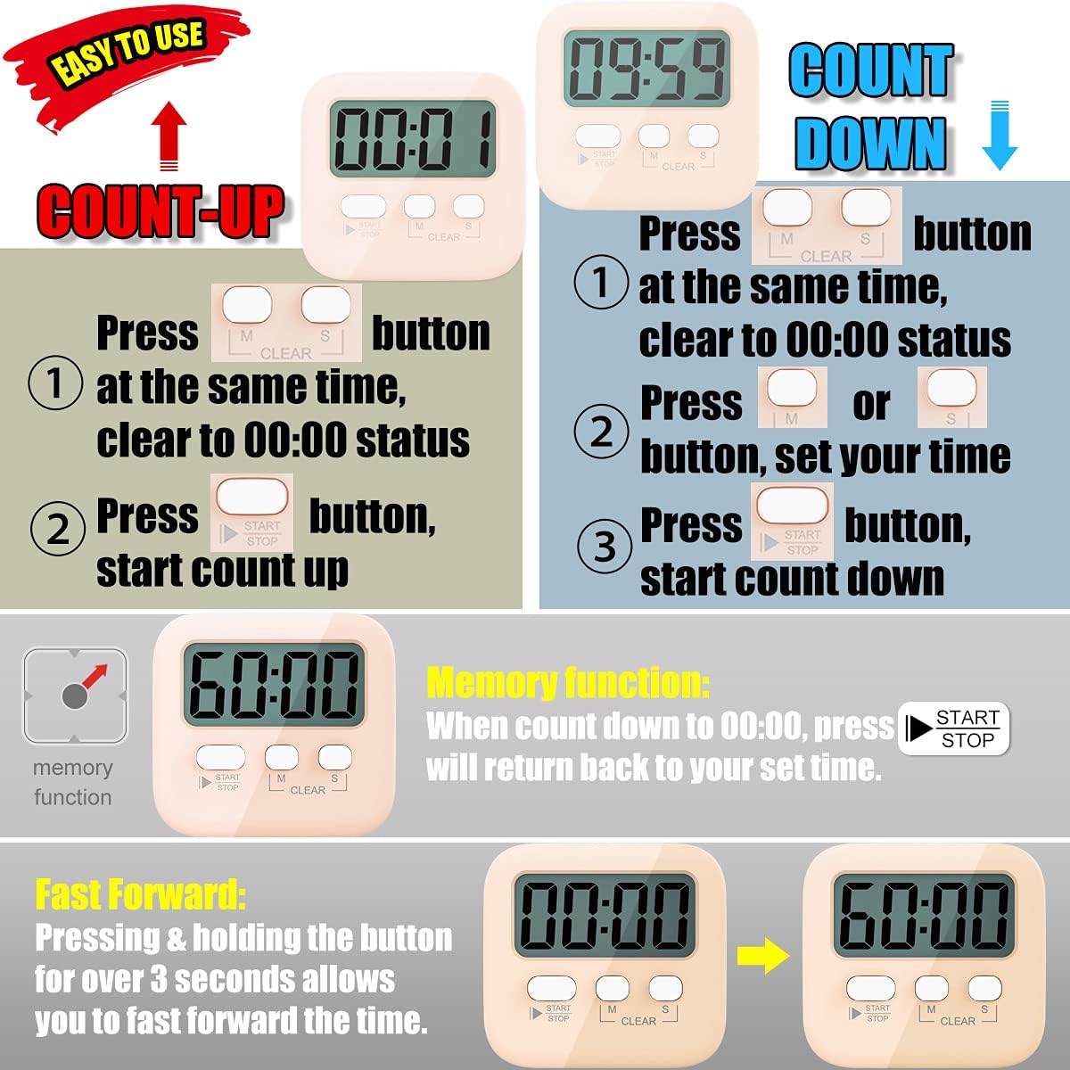Timers, Classroom Timer for Kids, Kitchen Timer for Cooking, Egg Timer, Magnetic Digital Stopwatch Clock Timer for Teacher, Study, Exercise, Oven, Cook, Baking, Desk - AAA Battery Included - 2 Pack