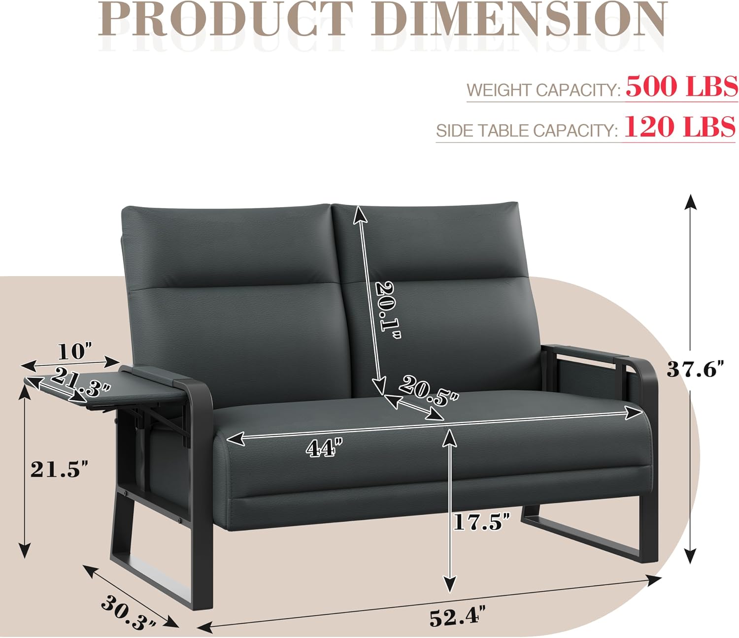 ALISH Living Room Furniture Sets, Faux Leather Loveseat Sofa Settee Bench with Side Table and 2 Accent Armchairs for Living Room Bedroom （Gray, 1 Loveseat 2 Chairs