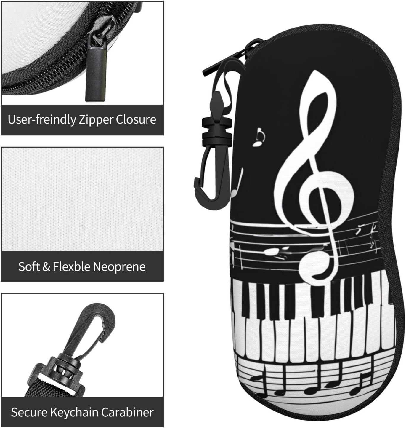 (Black White Music Note) Portable Glasses Case Soft Lightweight Eyewear Pouch with Zipper Neoprene Sunglasses Bag with Carabiner Compact Flexible Travel Sleeve for Purse Backpack Car Office image 5