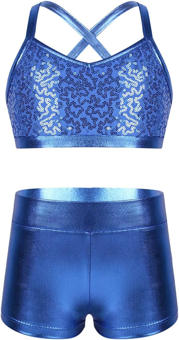 Linjinx Kids Girls 2 Piece Dance Gymnastics Tracksuit Shiny Top with Sports Booty Shorts Outfits Workout Activewear