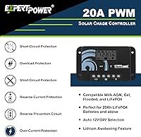 Vista 2 de ExpertPower Kit de controlador de carga solar PWM de 20 A para LiFePO4, AGM, gel, batería inundada Regulador inteligente de selección automática