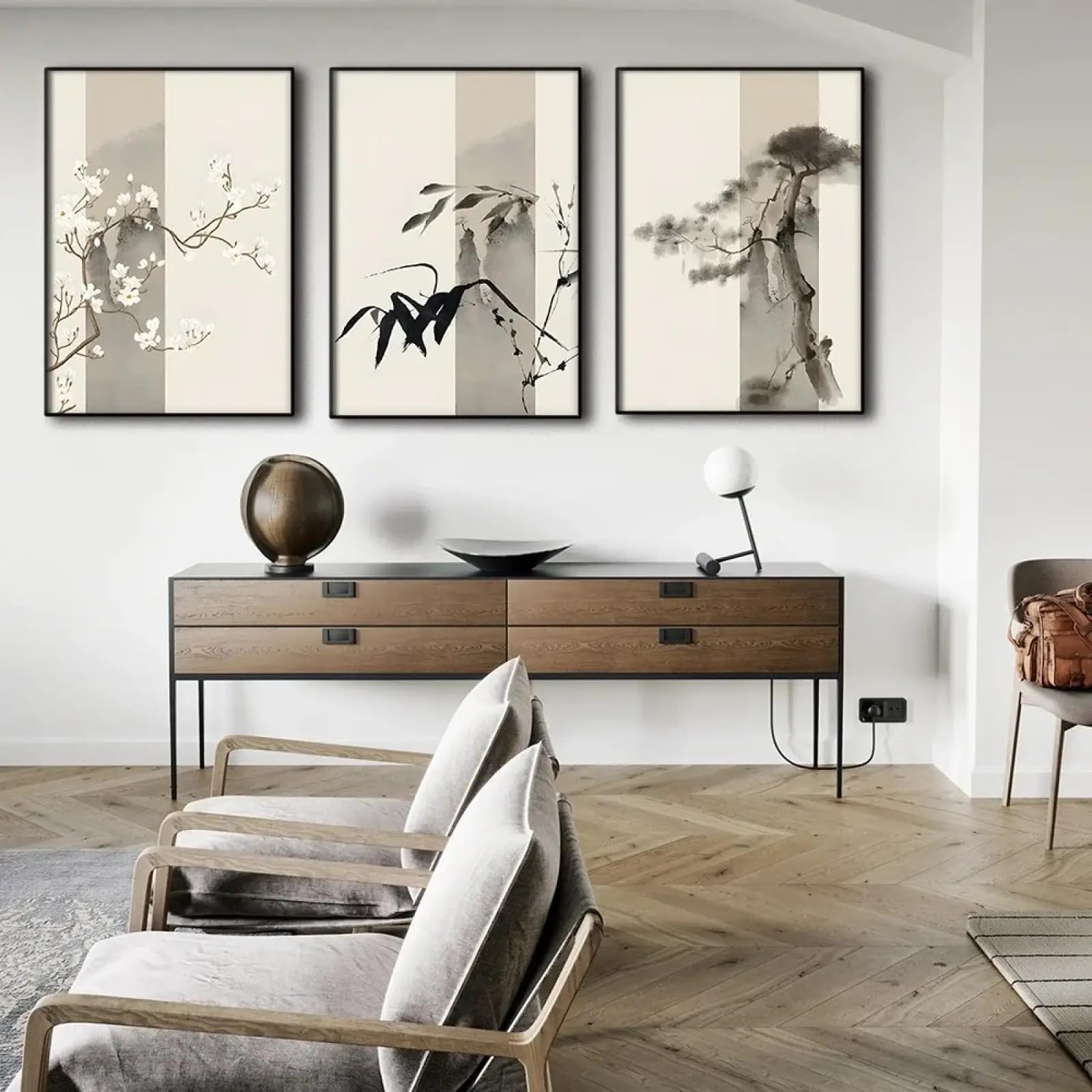 Impression sur toile fleur style chinois triptyque encadre pour mur