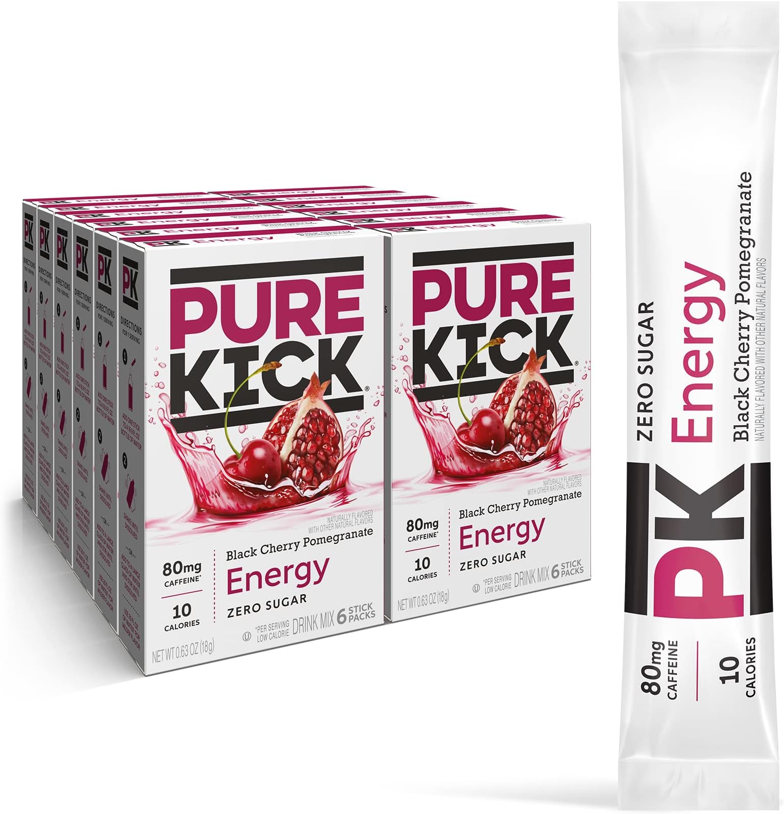 PURE KICK Energy Singles To Go Drink Mix, Black Cherry Pomegranate, Includes 12 Boxes with 6 Packets in each Box, 72 Total Packets