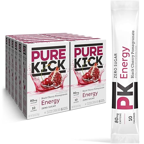 PURE KICK Energy Singles To Go Drink Mix, Black Cherry Pomegranate, Includes 12 Boxes with 6 Packets in each Box, 72 Total Packets - Black Cherry Pomegranate