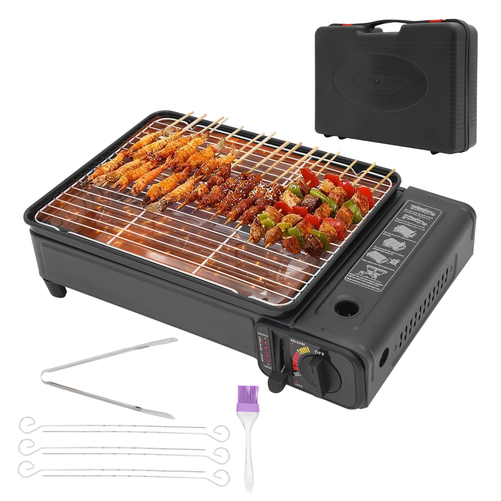 Grill gazowy na kemping, 2200W, przenośny zestaw grilla, stół grillowy z 6 igłami do pieczenia, 2 siatkami grillowymi i walizką, kuchenka kempingowa z zapłonem piezoelektrycznym i wyjmowana tacą