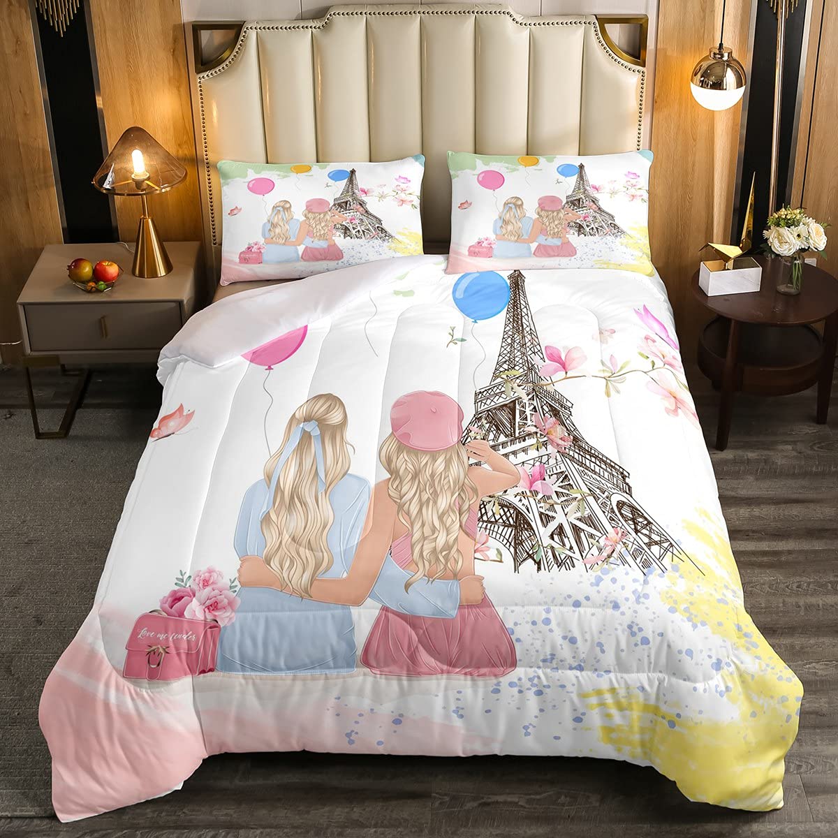 Homewish Set di biancheria da letto in 100% cotone, motivo Torre Eiffel, con copripiumino singolo con motivo romantico Parigi francese, per bambini, ragazzi e adulti, per anniversario, con 1 federa