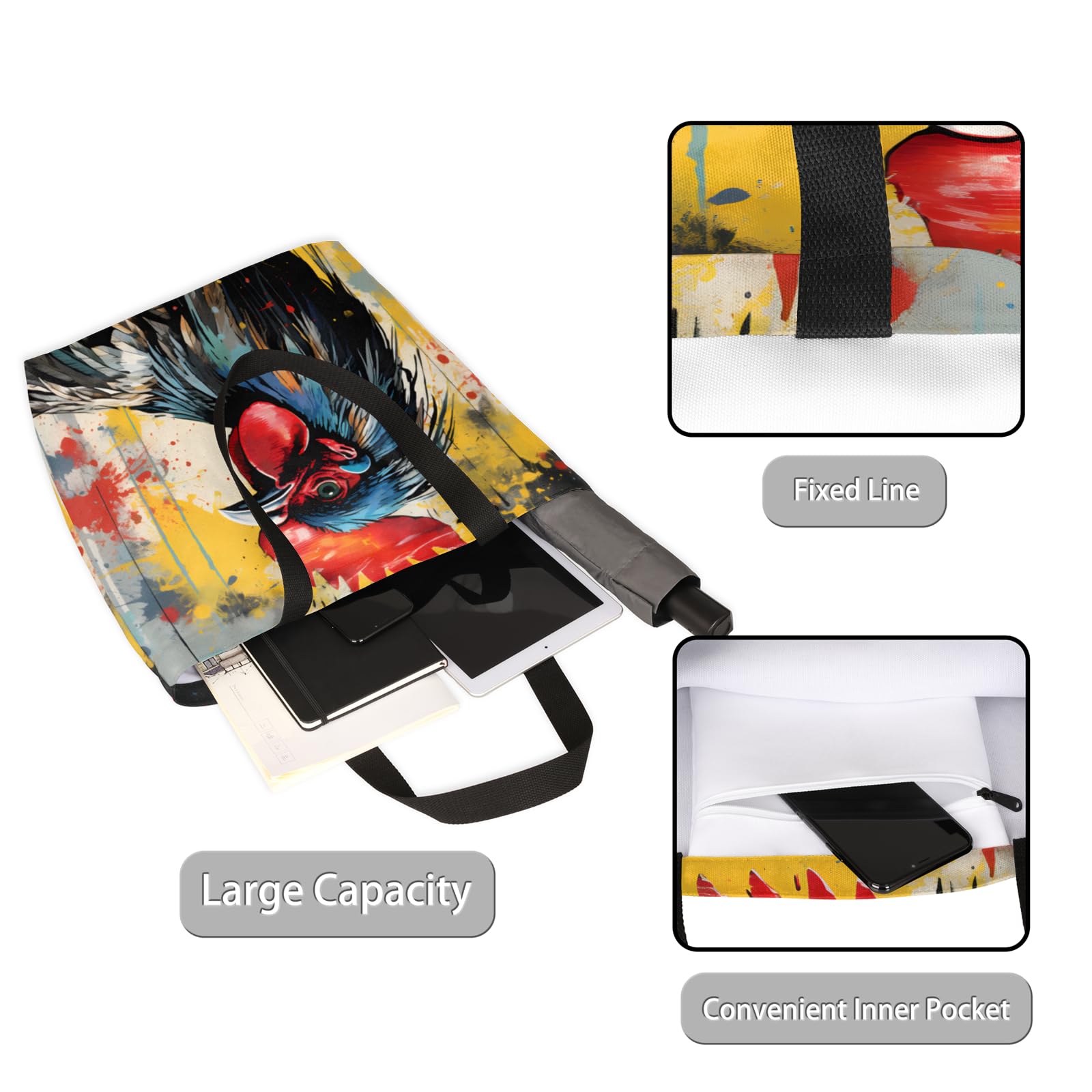 Mularoka Vintage Watercolour Rooster Large Capacity Canvas Tote Bag Stylish Handheld Shoulder Bag Reusable Shopping Bag for Work Travel Beach Trips Shopping