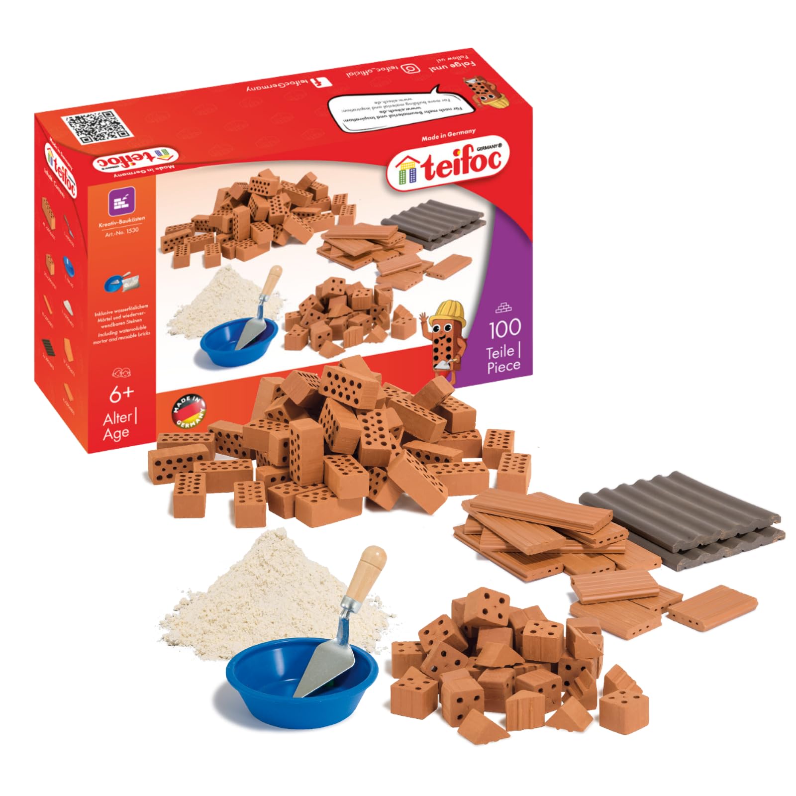 teifoc 1530 - Kit de construcción de piedra, 100 ladrillos en miniatura con mortero y herramientas para proyectos de bricolaje, para niños a partir de 6 años, bloques de construcción de arcilla para