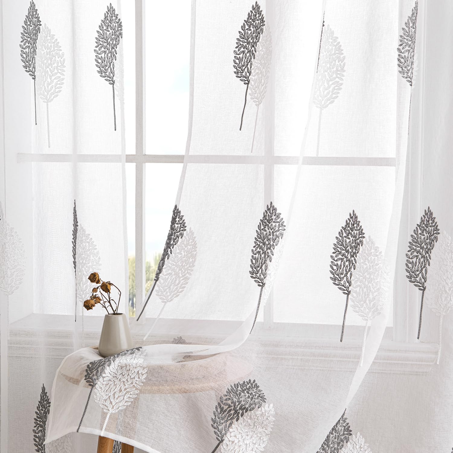 MIULEE Tende Voile trasparenti ricamo foglia passanti 2pz Grigio 140x290cm | Tende voile trasparenti con ricamo foglia, passanti fissaggio, eleganti per soggiorno e camera da letto