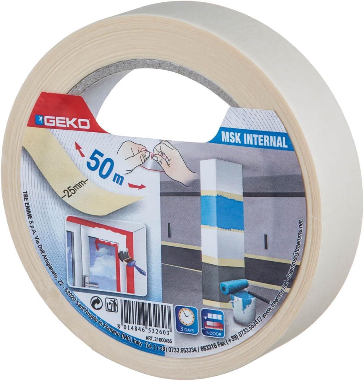 Geko Masking Tape Internal mm25 x 50M Shrink Wrapped with Front Label, Multi-Colour, One Size