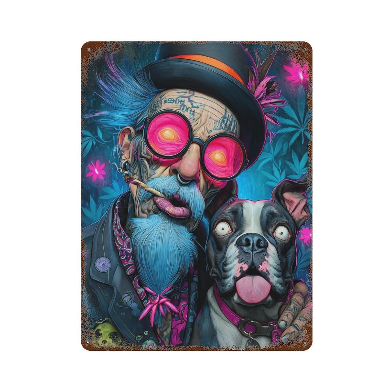 Rust Effect Psychedelic Senior with Dog Rusty Metal Tin Sign 15.7"x11.8", Old School Wall Decor for Pub, Kitchen And Man Cave Decor