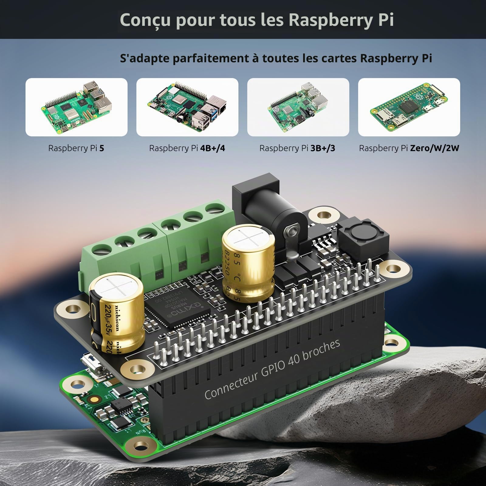 InnoMaker Amplificateur audio 2 x 80 W Puissance de crête Classe D HiFi AMP Pro Mini Hat 192 kHz/24 bits MA12070P pour Raspberry Pi 5/4/Zero 2 W Prend en charge Volumio, MoOde, Raspbian, LibreELEC