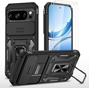 for Google Pixel 10/10 Pro Case with Slide Camera Cover + Screen Protector2 Packs, Rotated Ring Kickstand Military Grade Shockproof Protective Cover Black