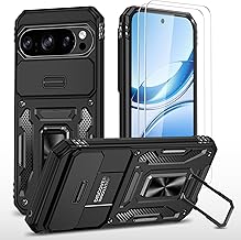 for Google Pixel 10/10 Pro Case with Slide Camera Cover + Screen Protector(2 Packs), Rotated Ring Kickstand Military Grade Shockproof Protective Cover (Black)