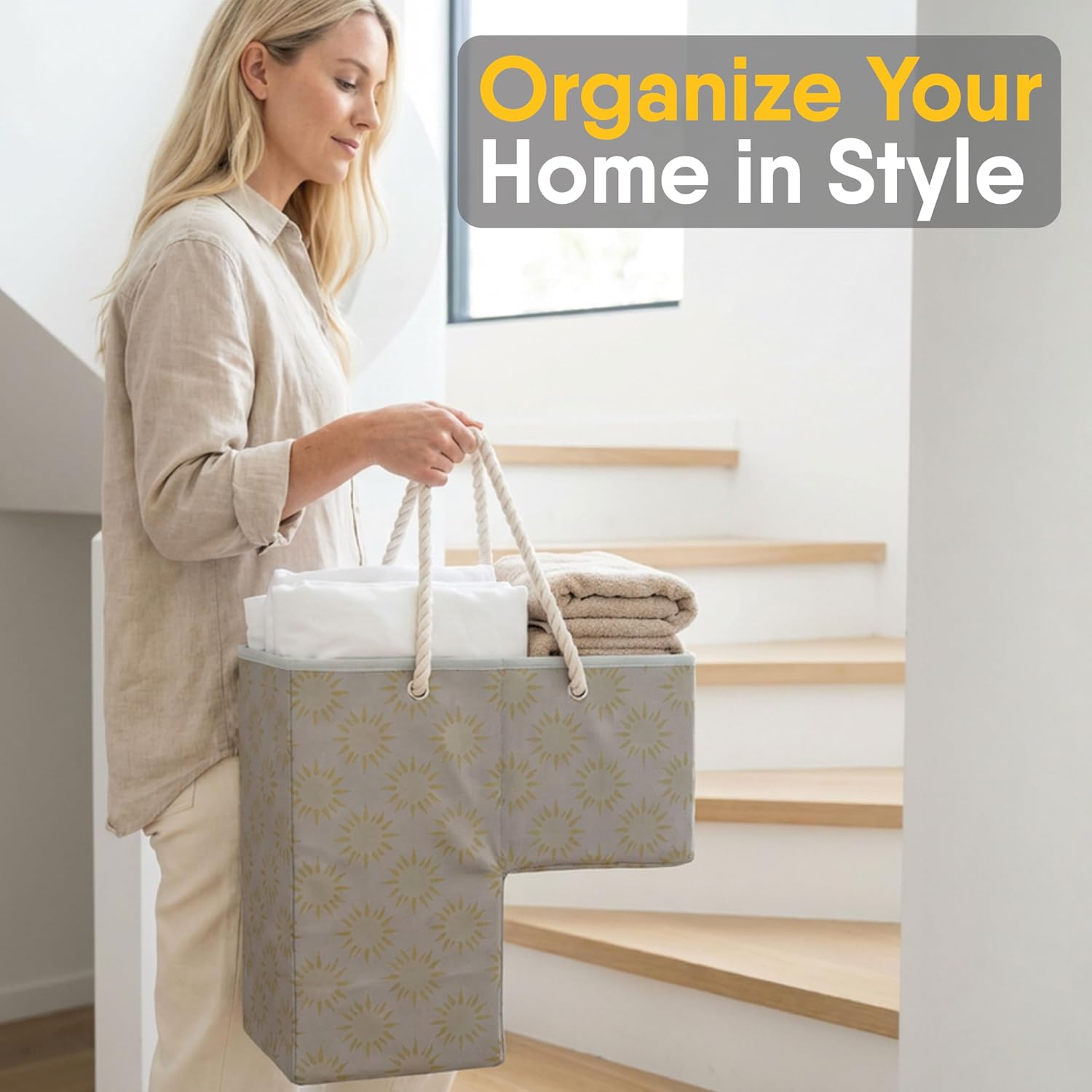 Foldable Staircase Basket for Carpeted & Wooden Stairs - Durable Step Storage Organizer with Hard Support Board & Heavy Duty Cotton Handles - Non-Slip Decluttering Basket for Stairs