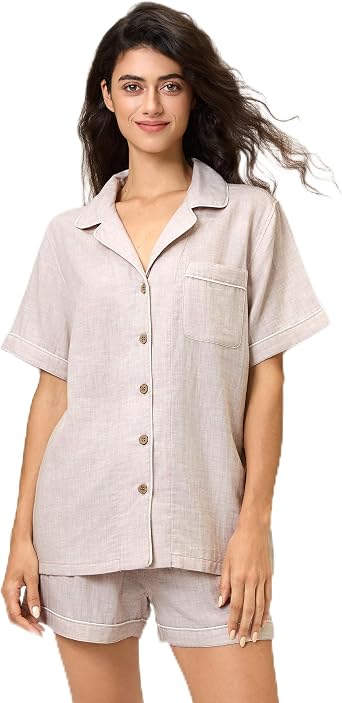 BESTOUCH Womens Pajama Sets 100% Pure Cotton Muslin Linen Feel Pjs 2 Piece Soft Sleepwear Lounge Set for Women