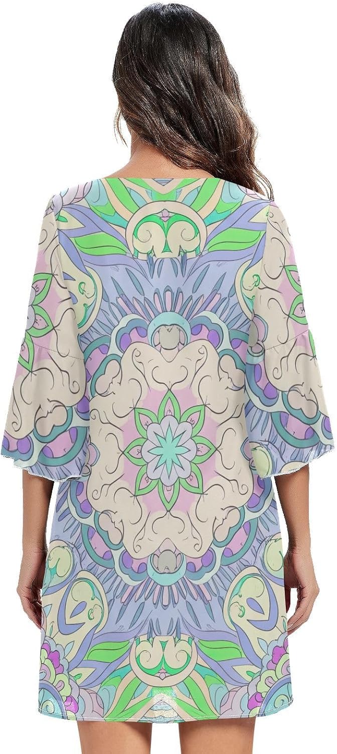 Arabesque Green Purple Short Dress 3/4 Sleeve Summer Dresses Party S-XXL