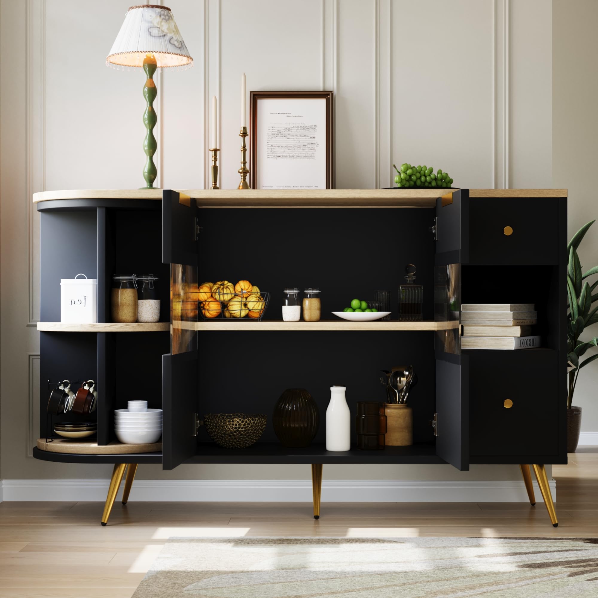 Credenza Moderna Con Ante Scorrevoli In Vetro E Luci LED - Mobile Contenitore In Legno Per Sala Da Pranzo E Soggiorno - Nero 130x40x80 Cm