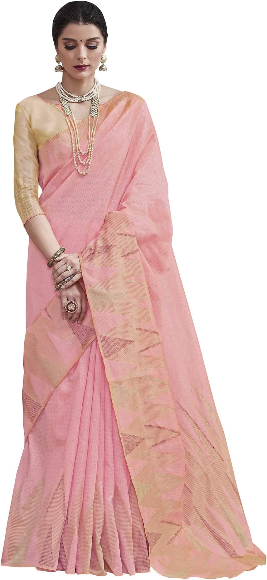 KALINDA Women's Nylon Silk Saree with Unstitched Blouse Piece (Pink_Free Size)