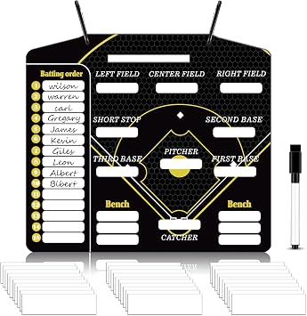 Geyee 34 Pcs Magnetic Baseball Lineup Board for Coach, Erases Easily Magnetic Dugout Board Softball Coaching Board with 30 Lineup Cards 2 Snap Hooks and Marker Pen