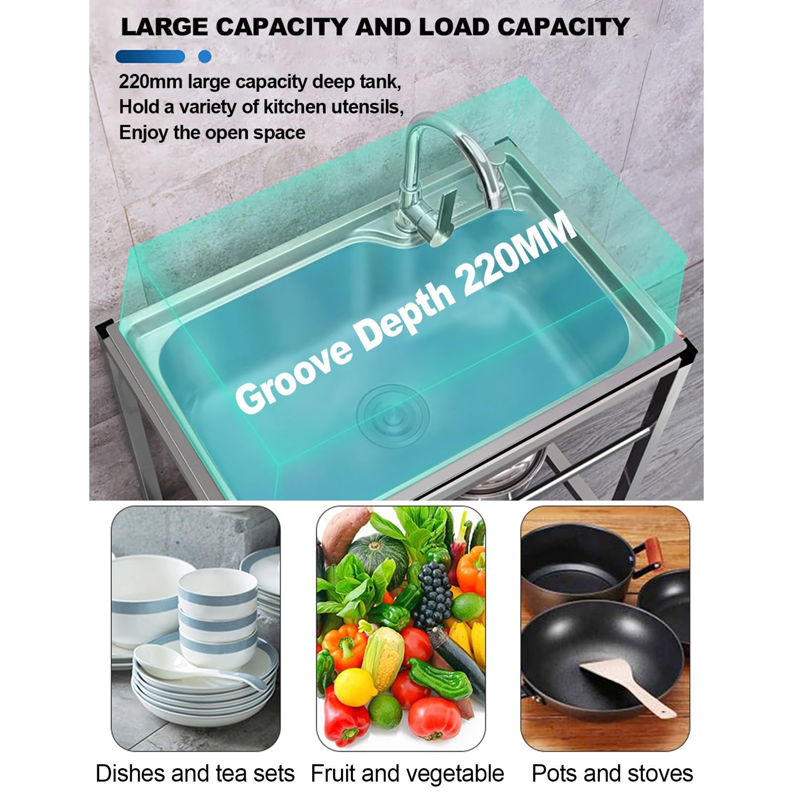 Lavello da Cucina,lavello Commerciale in Acciaio Inox,Vasca Singola,Indipendente,con Rubinetto,scolapiatti,1 Scomparto per Garage,Ristorante,Cucina,Lavanderia,Interno ed Esterno