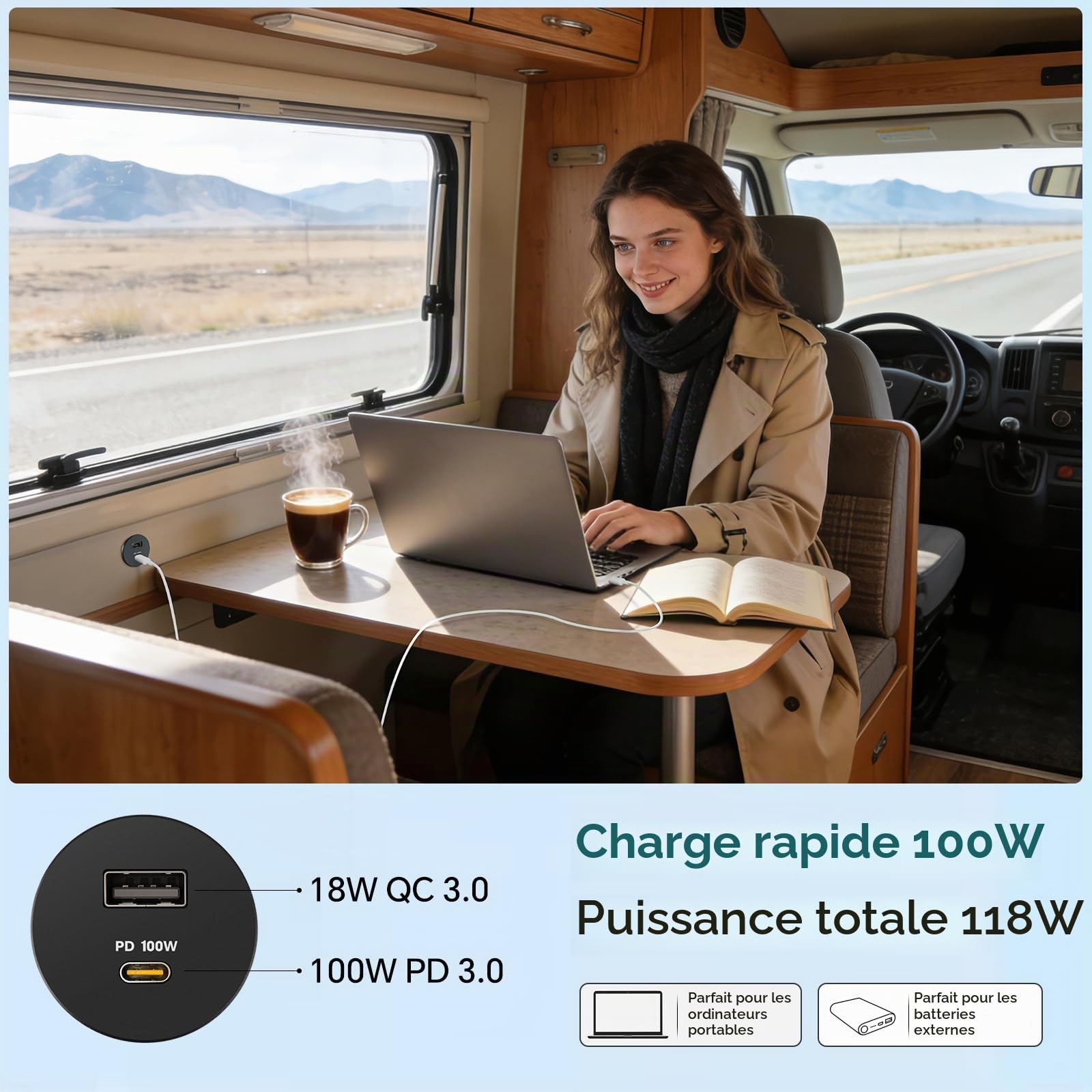 acegoo Prise USB 12V 100W PD3.0 et 18W QC, Camping-Car Voiture Aluminium Ordinateurs Portables USB-C Chargeur, Charge Rapide pour Bateau Marine Camion Caravane (2 pièces)