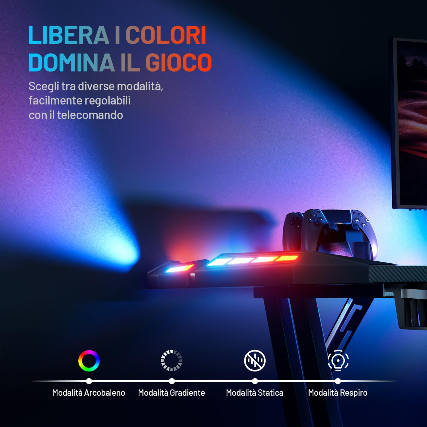 HLFURNIEU Scrivania Gaming LED, 120 x 60 cm Tavolo Gaming Ergonomica, Postazione Gamer con Portabicchieri e Gancio per Cuffie, Scrivania con Gamer Superficie in Fibra di Carbonio, Nero