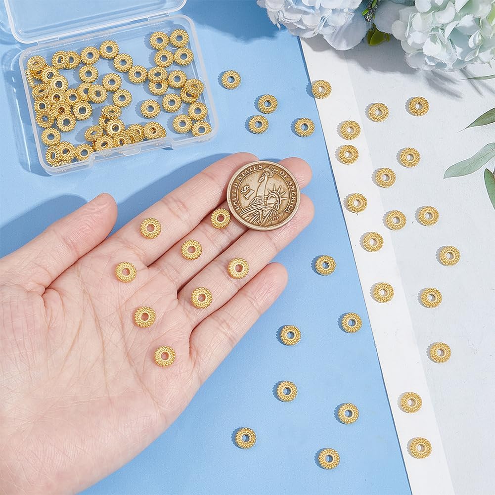 BENECREAT 100Pcs Real 18K Gold Plated Spacer Beads, 7.5x2mm Flower Metal Spacer Beads Heishi and Rondelle Bead for Jewelry Making Findings and Craft Work, Hole: 2mm - Image 3